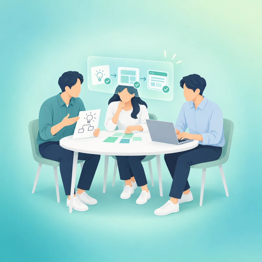 お客様の思いを聞き、設計と開発を通じて一緒に仕組みをつくるチームのイラスト